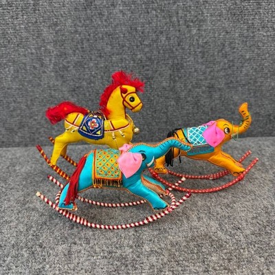 Vintage Silk Fabric Rocking Horse Turquoise Mane Shelf Sitter Figurine 6''