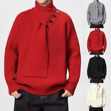 Mens Thick Warm Knitted Pullover Sweater with Detachable Scarf Collar Style