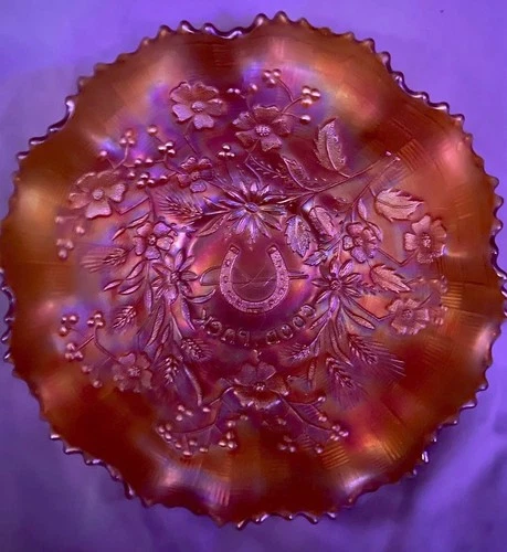 Northwood Carnival Glass Bowl in Good Luck Pattern Marigold Vintage 1909-1919