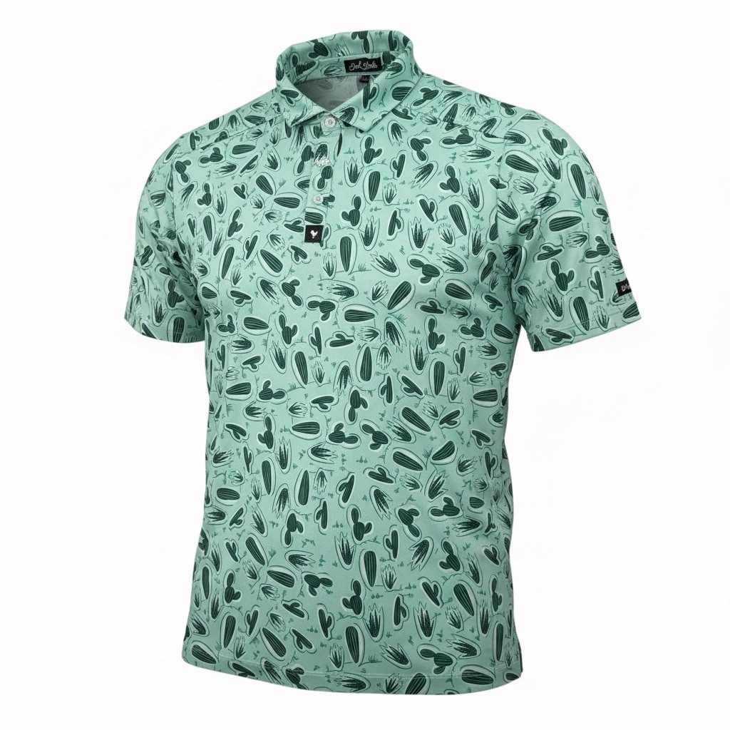 Bad Birdie Golf Polo Shirt Men's Large Green Cactus All Over Print Stretch