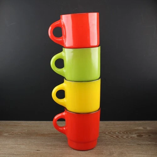 Lot of 4 - FIRE KING Stackable BLACK RIM Coffee Mugs / Cups - C RING HANDLES