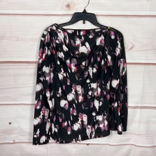 H Halston Top Women M Black Printed Blouse Knit Zipper Neck Long Sleeve Pullover