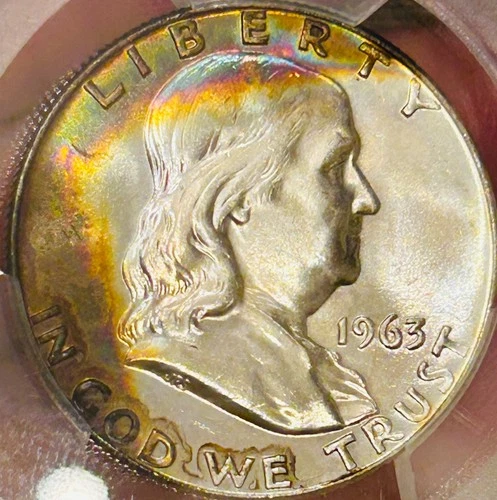 1963 D Franklin Silver Half Dollar PCGS MS65+ Rainbow Toned