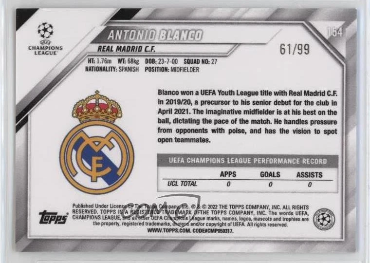 2021 Chrome UCL Sapphire Edition Yellow Refractor /99 Antonio Blanco Rookie RC - Image 2 of 2