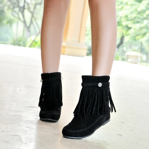 Damen-Stiefeletten Kunst-Wildleder Fransen Quaste Mokassin Stiefel runde Spitze Freizeitschuhe - Bild 3 von 18