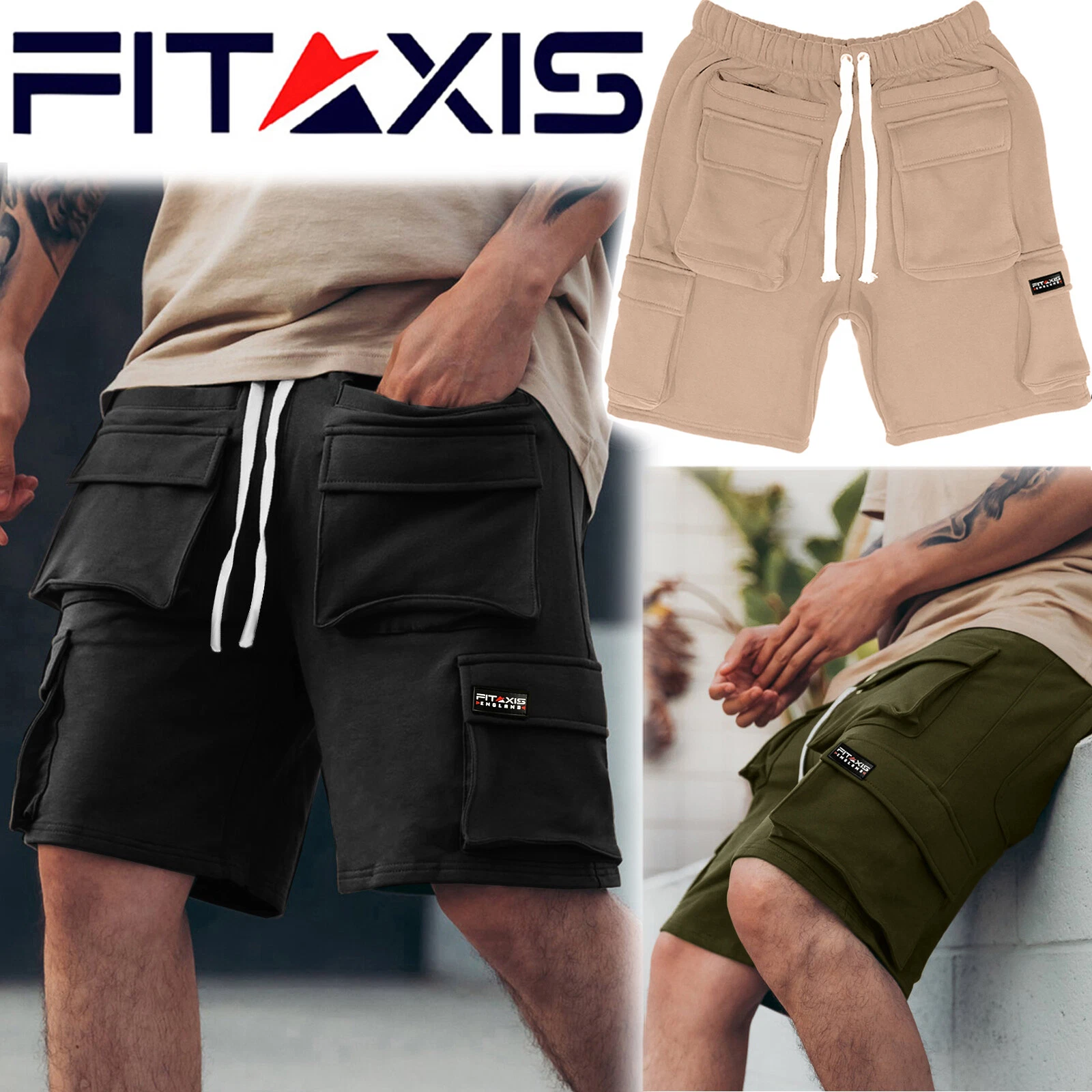 Mens Plain Elasticated Lightweight Shorts Cargo Combat Multi Pocket Cotton Sport