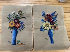 Pair Vintage Needlepoint Canvases Flowers Floral Arrangements Butterfly Bird
