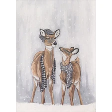 Two Deer Wearing Gray Hat and Checkered Scarves Box of 16 Christmas Cards