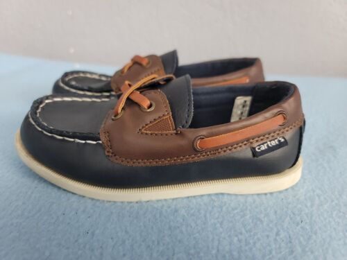 Carters Toddler Boat Shoes Navy / Brown Slip On Loafers Little Boys Size 12M - Picture 1 of 9