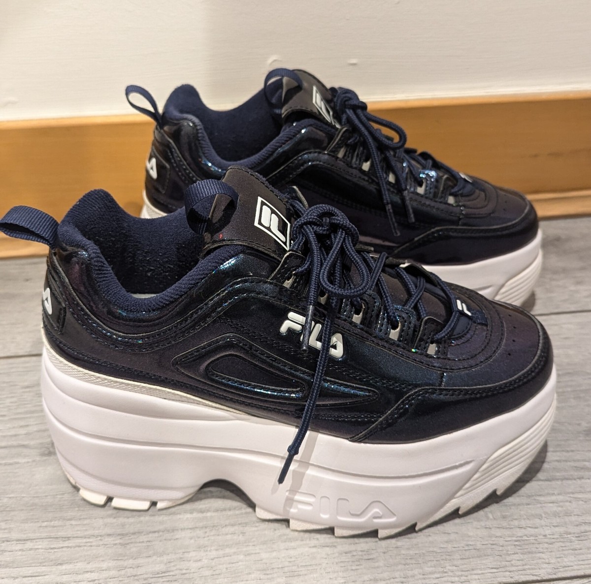 Fila Blue Holographic Disruptor II Wedge Platform Shoes Size