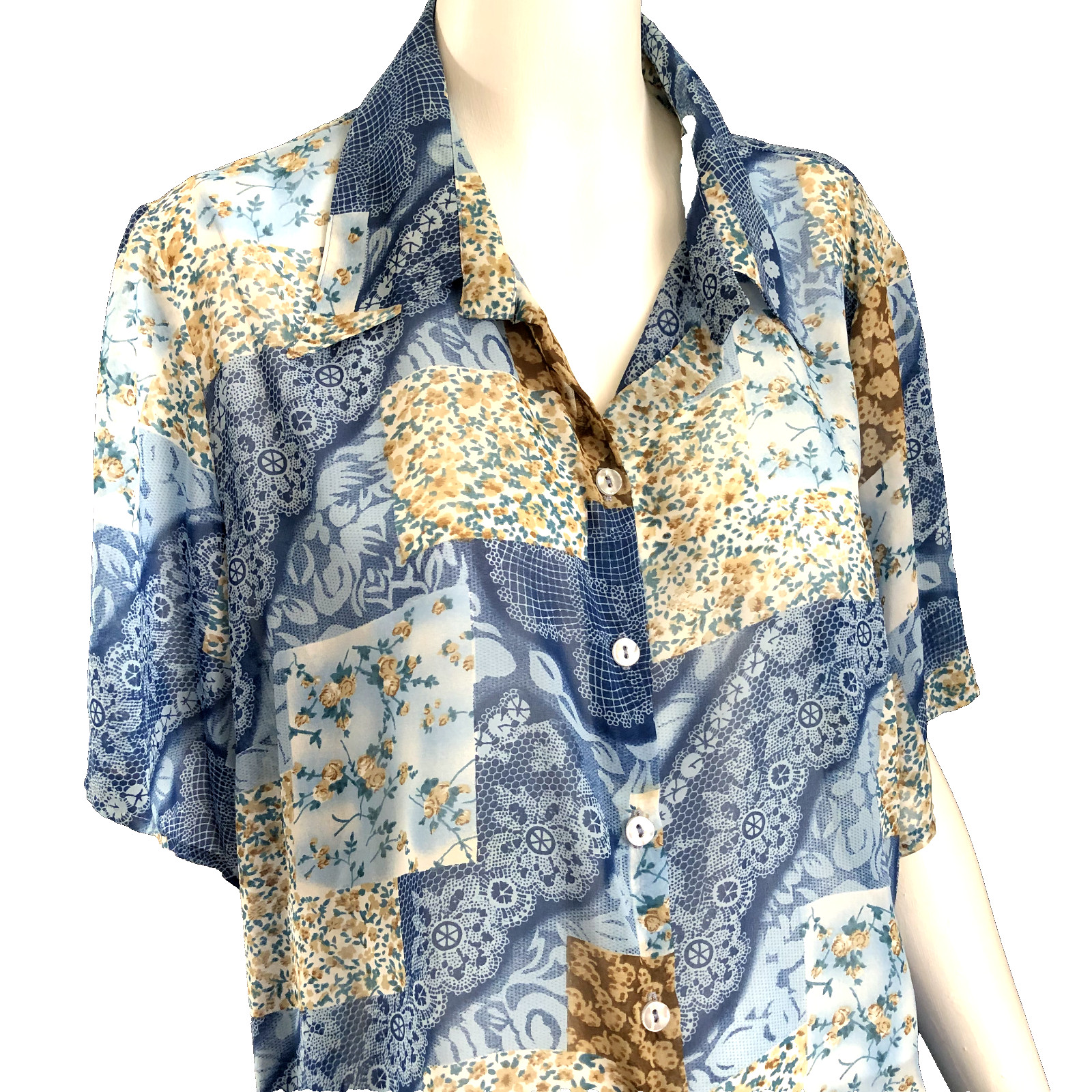 Blue Blouse Plus Sz 20 Patchwork Pattern Sheer Vt… - image 2