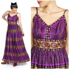 Vibrant Vintage 60s/70s Purple Floral Paisley Printed Full Length Maxi Dress M