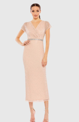 MAC DUGGAL 93787 BEADED WRAP V-NECK SHORT SLEEVE ROSE  GOWN  sz 6