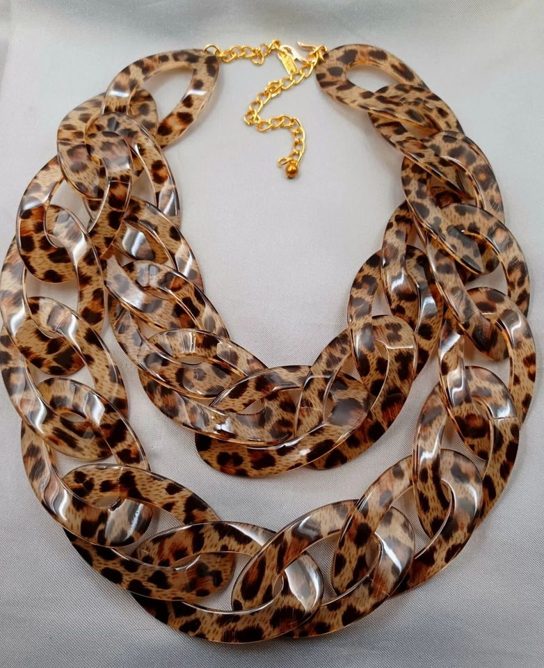 Kenneth Lane Leopard Print Necklace Two Layers Acrylic Links Gold Tone 16"-20"