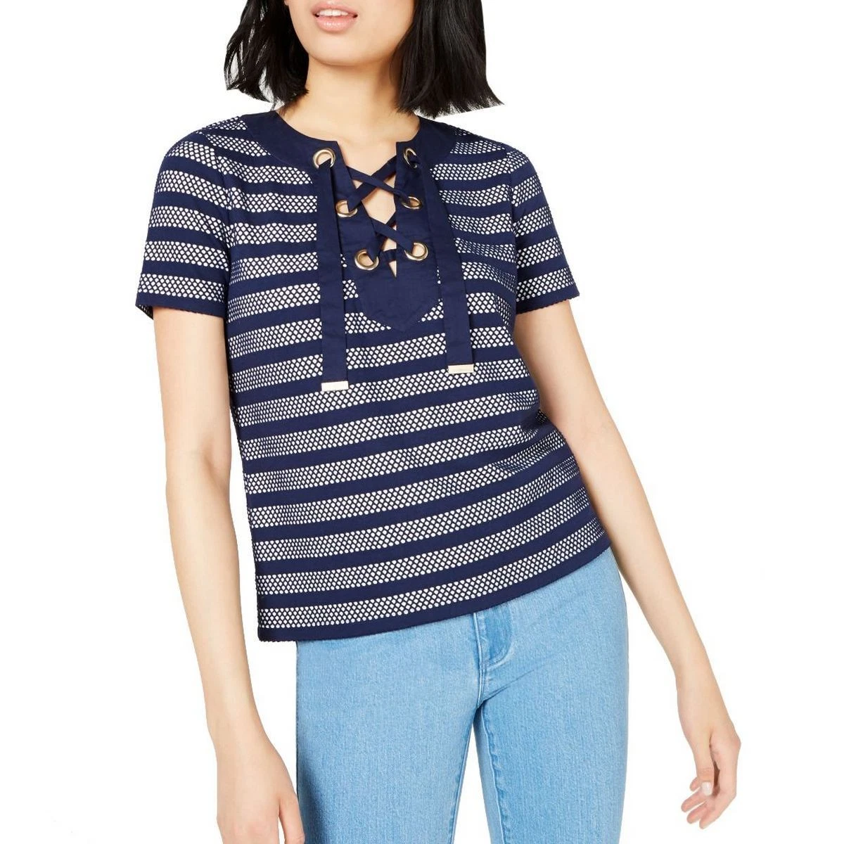 Camicia Camicia Michael Kors donna Petite con inserto in rete a righe stringata top P TEDO