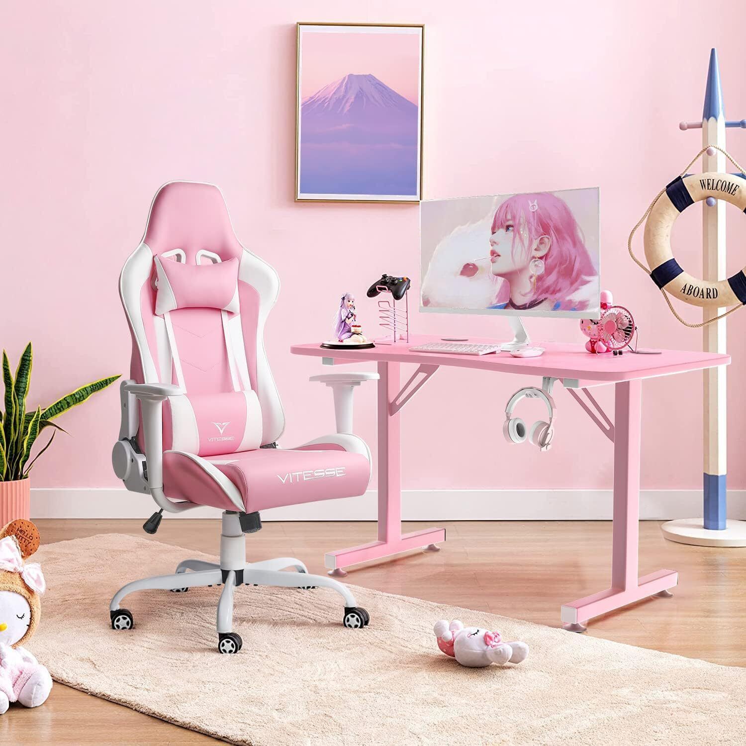 Pink Cute Kawaii Gaming Chair for Girl Ergonomic Desk Racing Office Adjustable