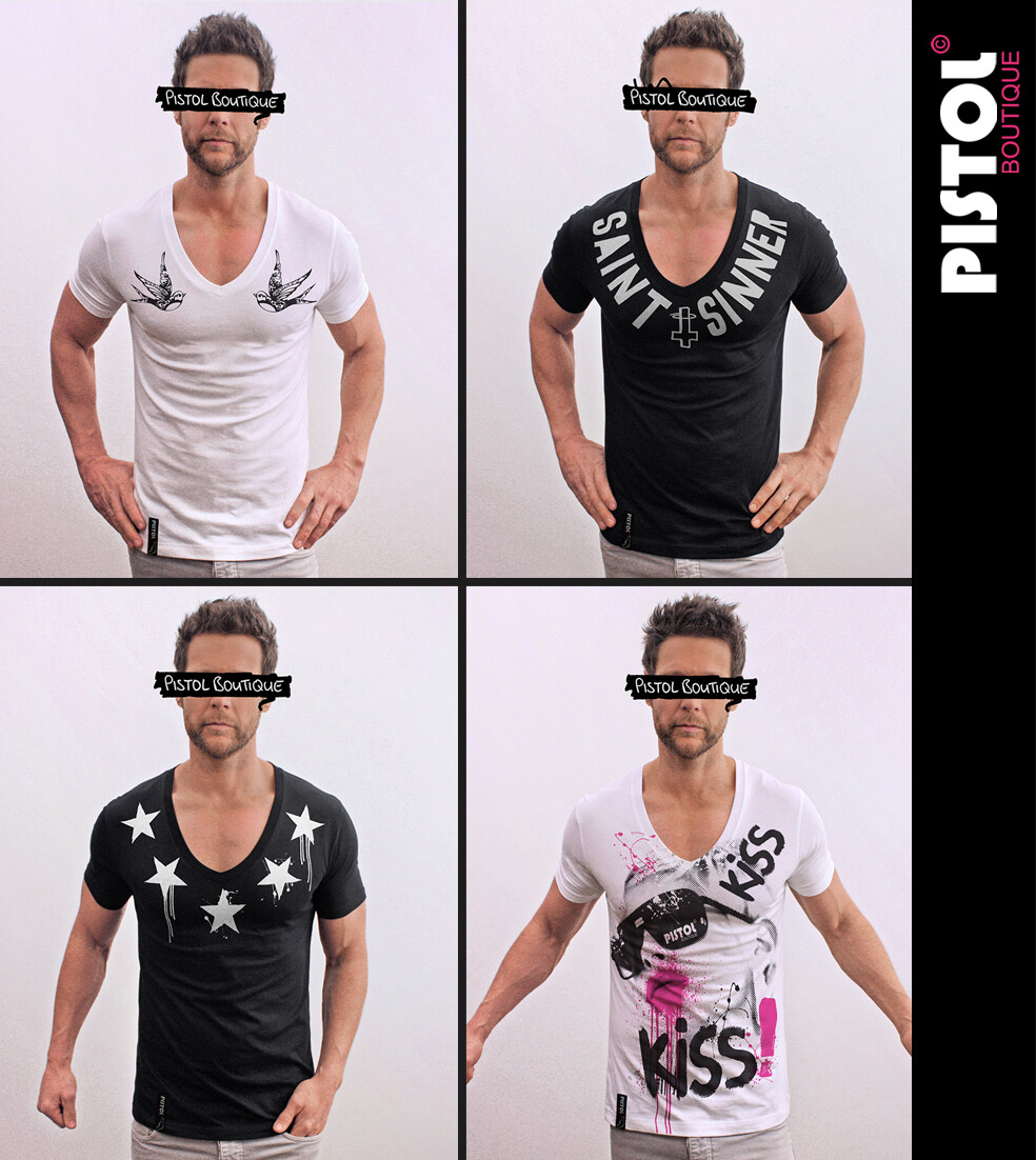 T-shirt Homme Pistol Boutique Blanc - Col V Profond Ajusté Avec Motif Hirondelles | Coton, Fait Au Royaume-Uni