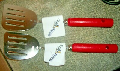 2 NEW Vintage Style Short Slotted Spatula Wood Handle Super Precio Mexico 10.75''