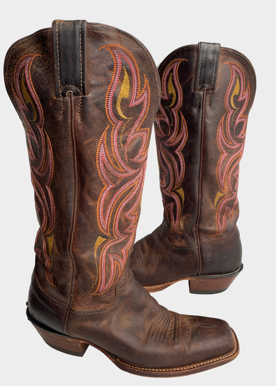 Justin L2687 Punchy Brown Pink Square Toe Leather Western Boots Women's 6 B