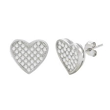 Heart Earrings Sterling Silver Micropave Stud Clear Cubic Zirconia 11mm x 11mm