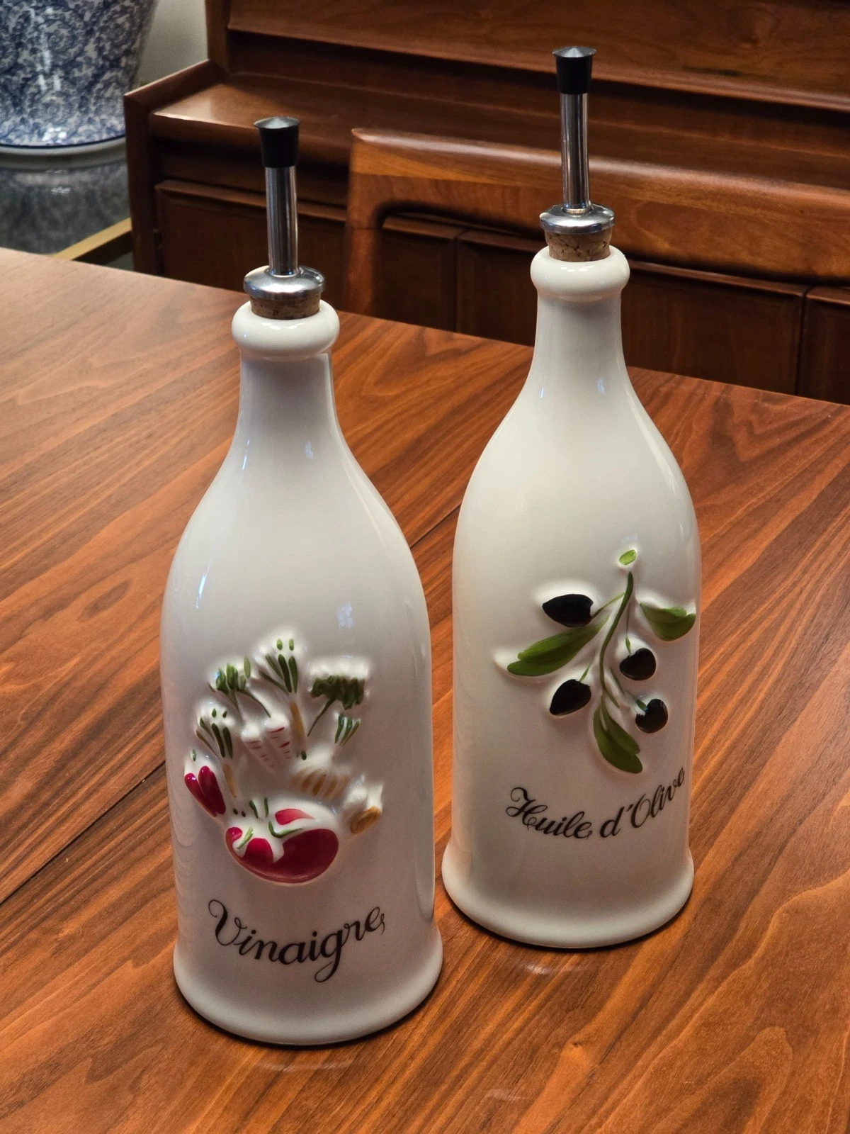 Revol Porcelain Oil and Vinegar Bottles - Handpainted, Rare, Large Size - France