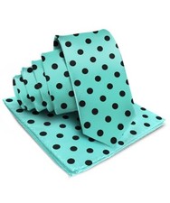 Satin Polka Dot Necktie  Pocket Square Set for Men - Matching Men's Aqua/Black