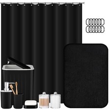 9 Pcs Bathroom Accessory Set Shower Curtain and 12 Hooks Table Trash Can Black