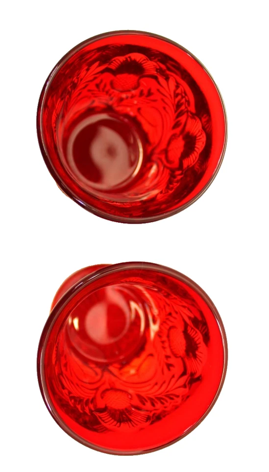 MOSSER RUBY RED GLASS PITCHER & (2) TUMBLERS INVERTED THISTLE PATTERN VINTAGE - Image 3 of 4