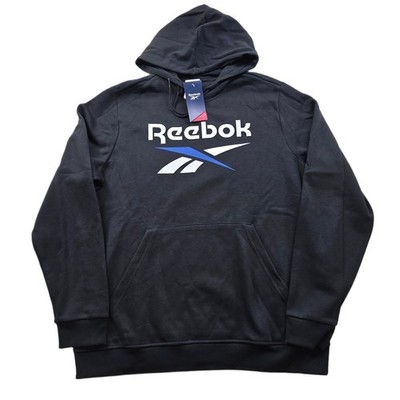 Reebok Identity Fleece Hoodie Mens 2XL Black Classic Fit Stacked Logo NEW
