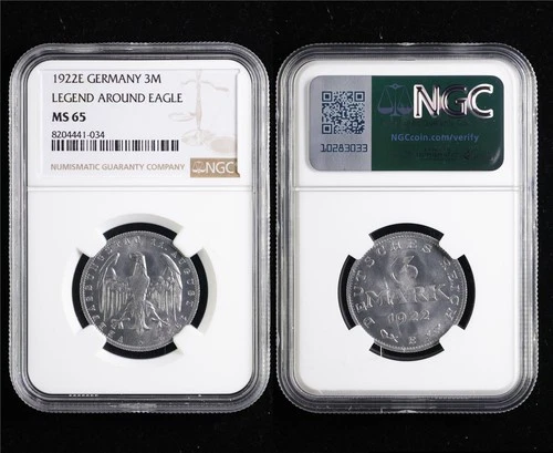 1922E GERMANY 3M LEGEND AROUND EAGLE NGC MS 65