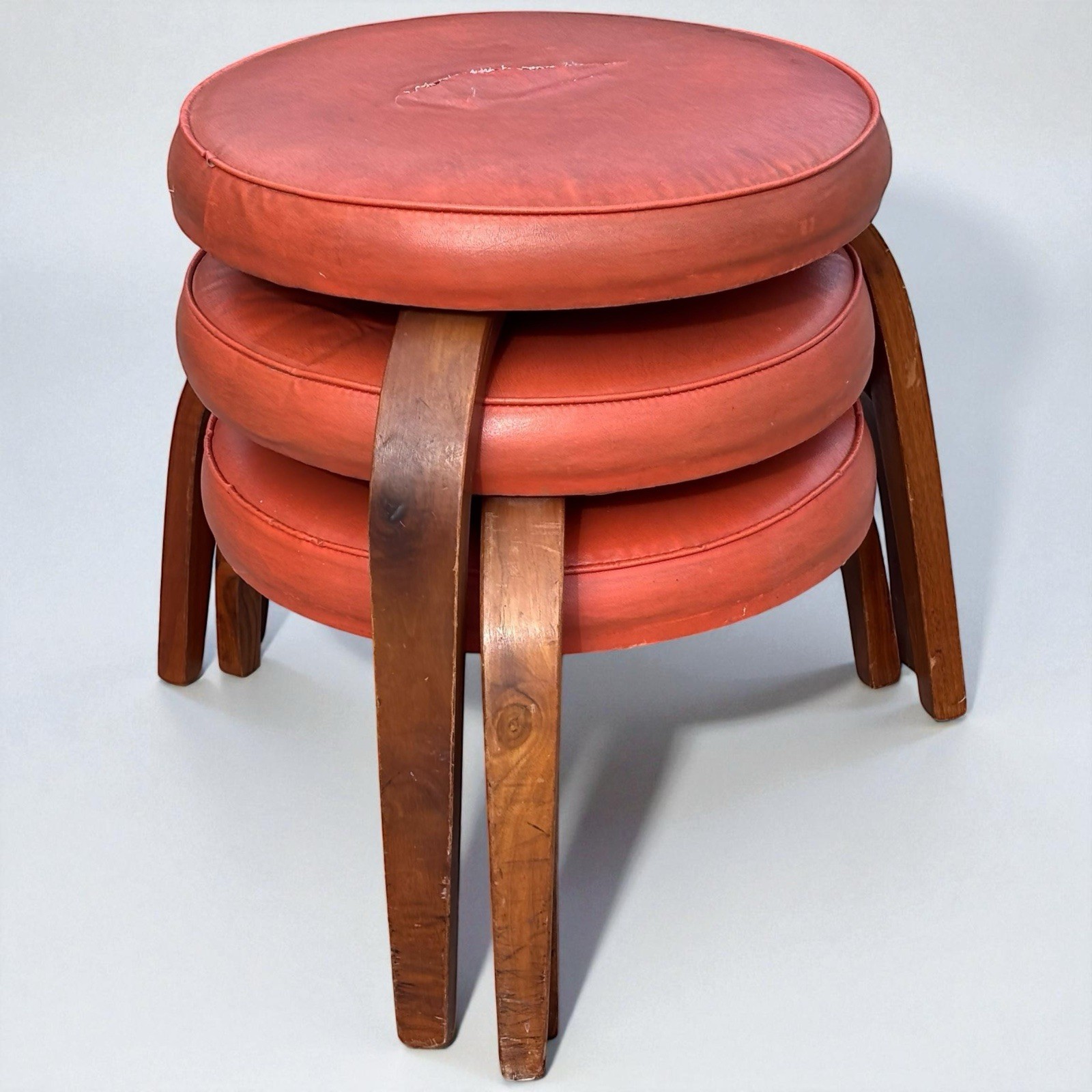 3 Vintage MCM Thonet Bentwood Nesting Stools Mid Century Stacking Orange Vinyl