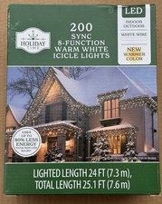 New  200-Count LED 8 Function-Sync Icicle Christmas Lights, Warm White, 24'