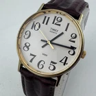 Vintage Timex Quartz Watch Men Gold Tone Leather Easy Read Analog New Battery