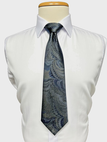 Gail Mackenzie Hand Marbled Tie 100% Silk Blue/Black/Gray Feathers Hand Made USA