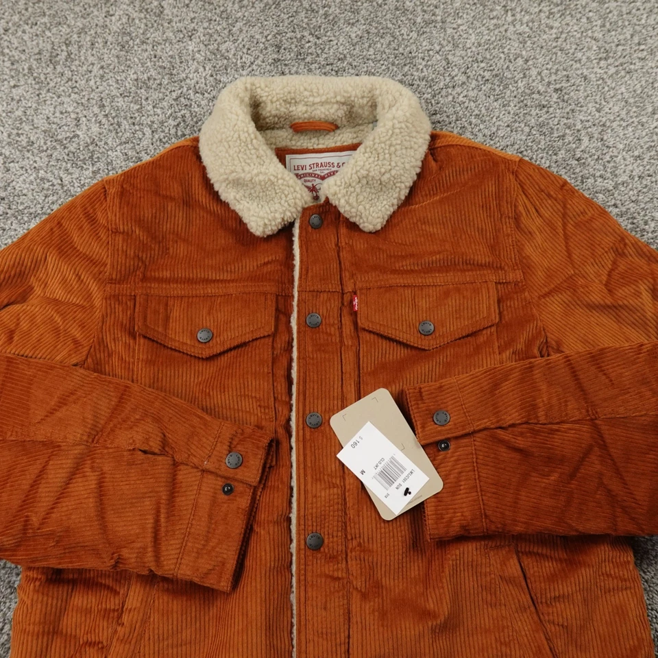 NUEVA Chaqueta Levis Para Hombres M Marrón Naranja Pana Sherpa Forrada Camionero Abrigo con Cremallera a Presión Foto 3 de 4