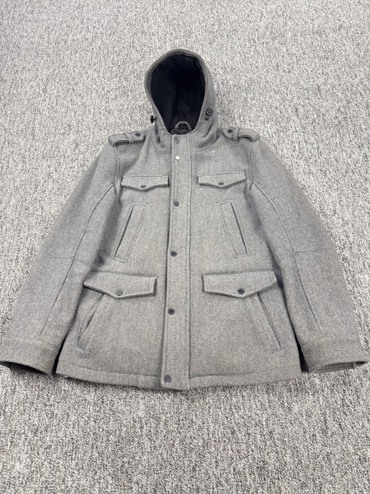 Black Rivet Jacket Men Medium Gray Wool Blend Hooded Military Parka Chore Coat