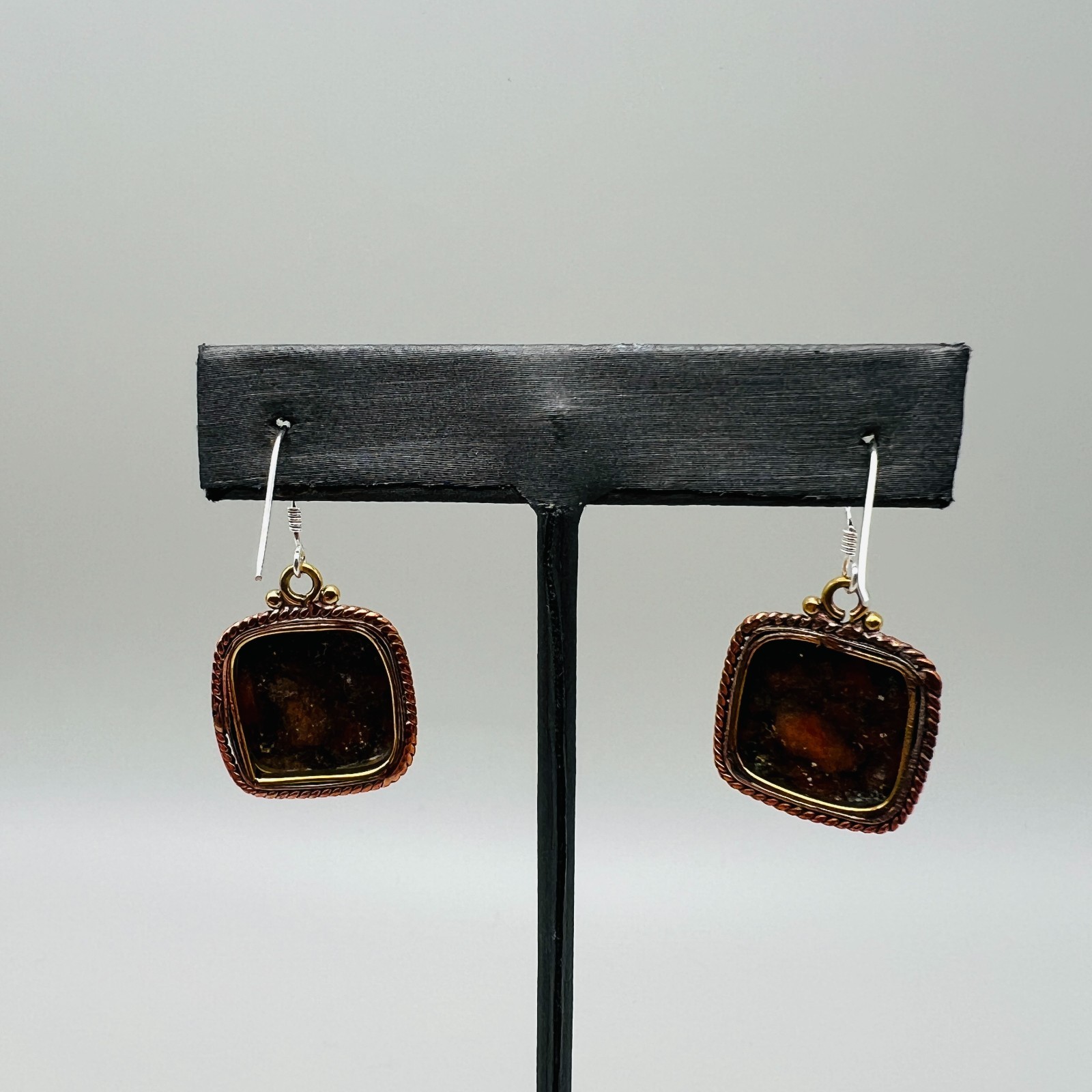 Dangle Earrings Square Jasper Stone Two Tone Pier… - image 4