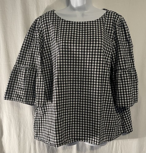 Time Tru Womens Blouse Black White Check XL Top Square Nck 3/4 Slv Linen Blend