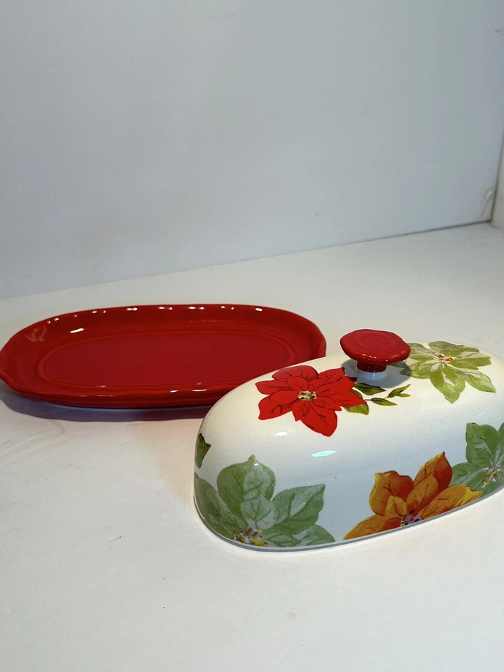 Plato de Mantequilla Mujer Pionera Cubierto Poinsettia Navidad Rojo/Blanco Floral Foto 4 de 4