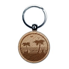 Tropical Beach with Palm Trees Engraved Wood Round Keychain Tag Charm
