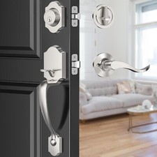 Silver Front Door Handle and Deadbolt Set, Classic Lock With Satin Nickel Ext...