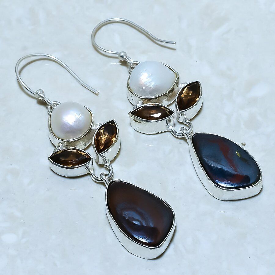 Iron Tiger'S Eye, Pearl Gemstone Handmade Silver Jewelry Earring