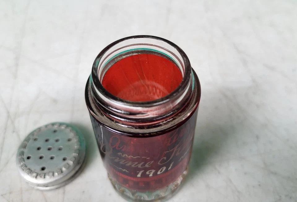 Heisey Souvenir Glass Shaker Punty Band EAPG #1220 Ruby Stained ANNIE KERR 1901 - Image 2 of 4