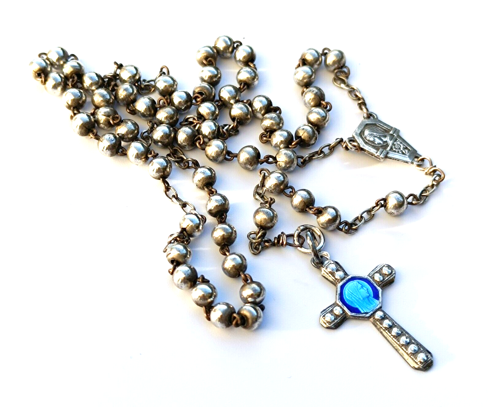 Antique French Art Nouveau Sterling Silver Enamel Rosary with Case Vintage Holy