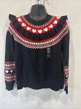 Charter Club Whimsy Sweater Festive Hearts On Black/ Petite XLarge NWT