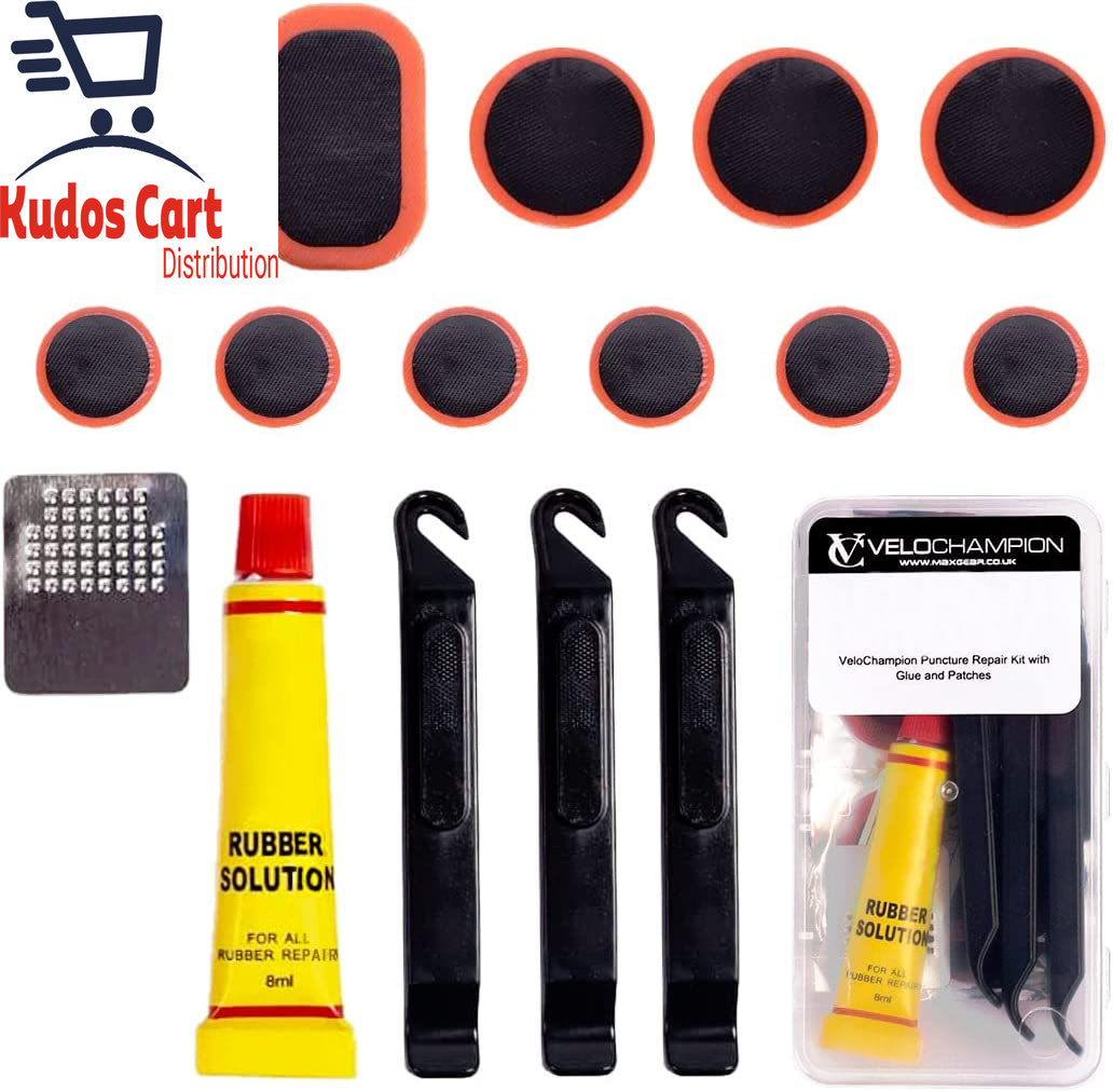 Velochampion Glue Bike Tire Puncture Repair Kit with Rubber Solution and  Storage