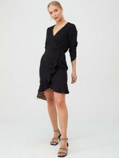 V By Very Ladies Ruched Sleeve Ruffle Wrap Mini Dress Black Size Uk 8