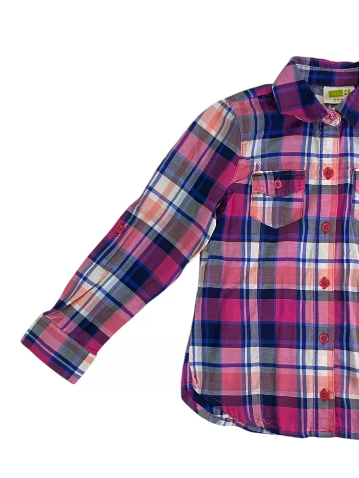 Crazy 8 Girls Shirt Button Up Roll Tab Long Sleeve Pink & Blue Size Small (5-6) - Image 3 of 4