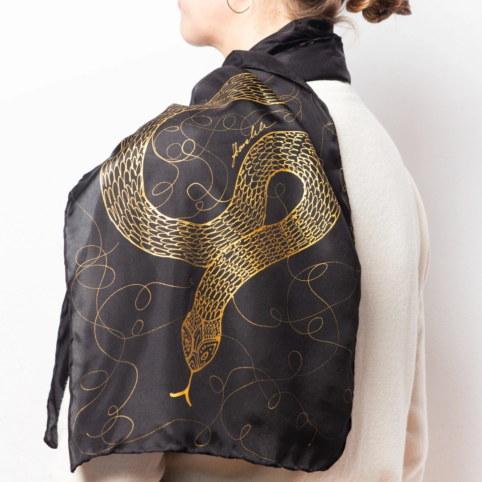 2025 Snake Year Hand Painted Silk Scarf Snake Print Black Gold Scarf Snake Gift