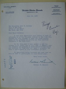 SIGNED letter UTAH Senator WALLACE BENNETT genuine VINTAGE to John Lindsay 1966